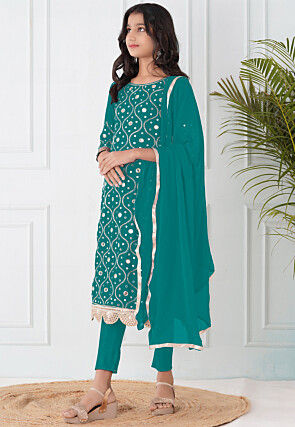 Embroidered Cotton Silk Pakistani Suit in Teal Green