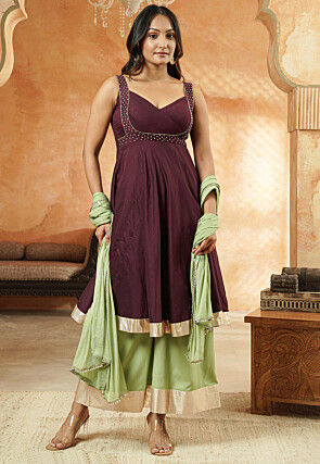 Embroidered Cotton Silk Pakistani Suit in Wine