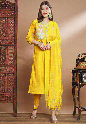 Embroidered Cotton Silk Pakistani Suit in Yellow