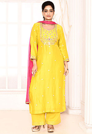 Embroidered Cotton Silk Pakistani Suit in Yellow