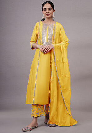 Embroidered Cotton Silk Pakistani Suit in Yellow