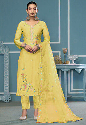 Embroidered Cotton Silk Pakistani Suit in Yellow