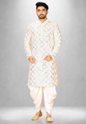 Embroidered Cotton Silk Patiala Kurta in Cream