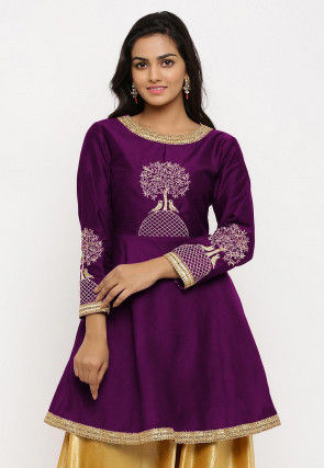 Embroidered Cotton Silk Peplum Style Kurta in Purple