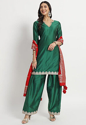 Embroidered Cotton Silk Punjabi Suit in Dark Green