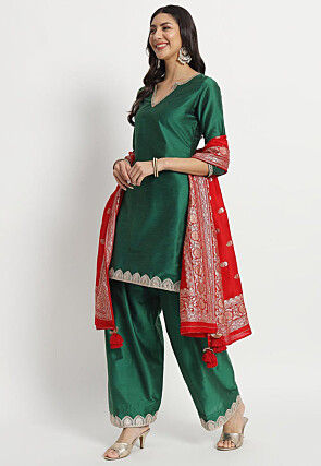 Embroidered Cotton Silk Punjabi Suit in Dark Green
