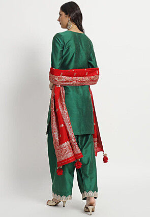 Embroidered Cotton Silk Punjabi Suit in Dark Green