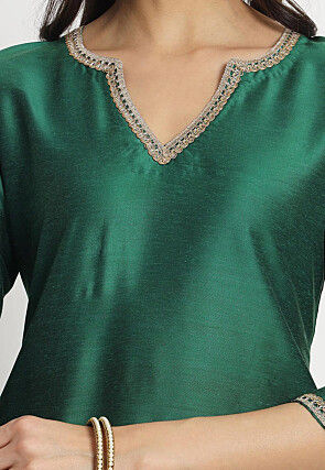 Embroidered Cotton Silk Punjabi Suit in Dark Green
