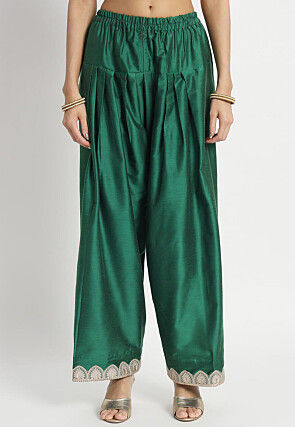 Embroidered Cotton Silk Punjabi Suit in Dark Green