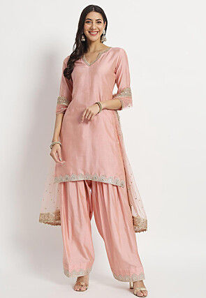 Embroidered Cotton Silk Punjabi Suit in Peach