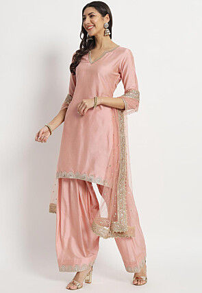 Embroidered Cotton Silk Punjabi Suit in Peach