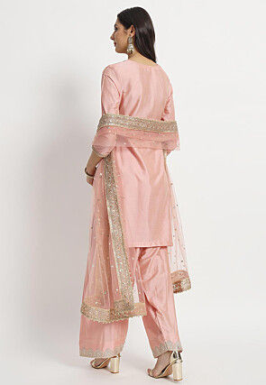 Embroidered Cotton Silk Punjabi Suit in Peach