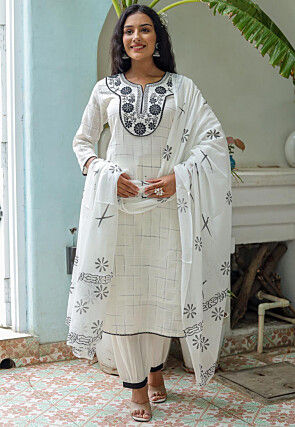 Embroidered Cotton Silk Punjabi Suit in White