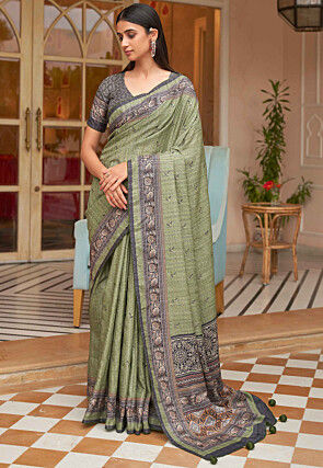 Embroidered Cotton Silk Saree in Dusty Green