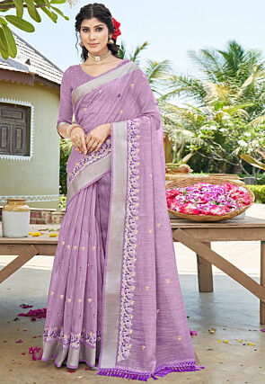 Embroidered Cotton Silk Saree in Purple
