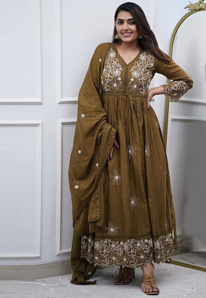 Embroidered Cotton Silk Scalloped Anarkali Suit in Olive Green