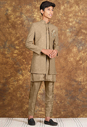 Embroidered Cotton Silk Sherwani in Beige