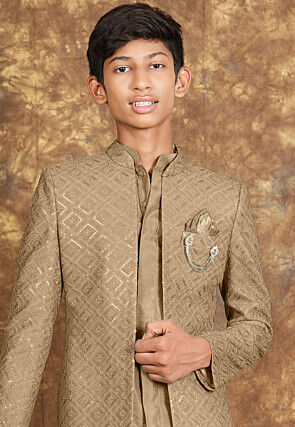 Embroidered Cotton Silk Sherwani in Beige