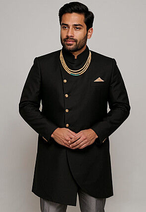 Solid Color Cotton Silk Sherwani in Black