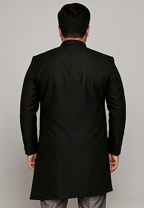 Solid Color Cotton Silk Sherwani in Black