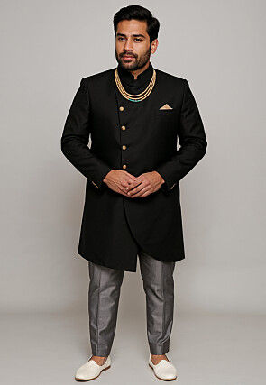 Solid Color Cotton Silk Sherwani in Black