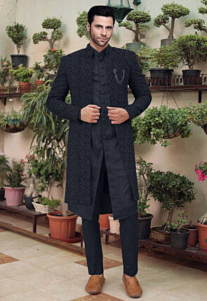 Embroidered Cotton Silk Sherwani in Black