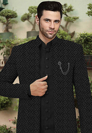 Embroidered Cotton Silk Sherwani in Black