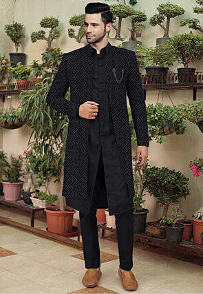 Embroidered Cotton Silk Sherwani in Black