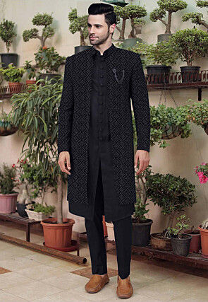 Embroidered Cotton Silk Sherwani in Black