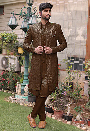 Embroidered Cotton Silk Sherwani in Brown