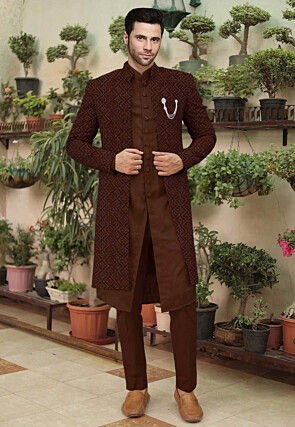 Embroidered Cotton Silk Sherwani in Brown