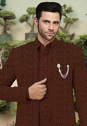 Embroidered Cotton Silk Sherwani in Brown