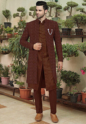 Embroidered Cotton Silk Sherwani in Brown