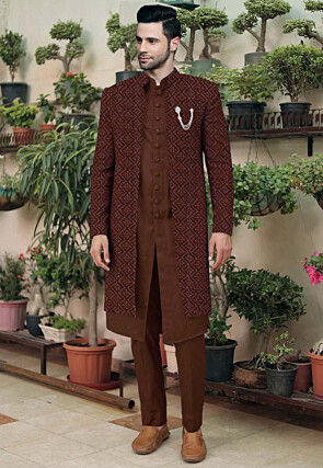 Embroidered Cotton Silk Sherwani in Brown