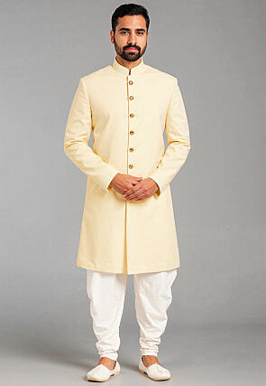 Solid Color Cotton Silk Sherwani in Cream