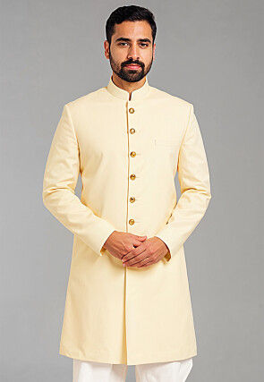 Solid Color Cotton Silk Sherwani in Cream