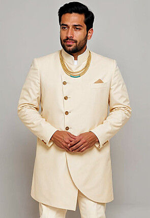 Solid Color Cotton Silk Sherwani in Cream