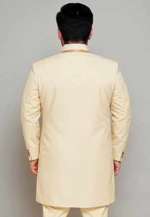 Solid Color Cotton Silk Sherwani in Cream