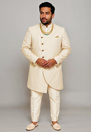 Solid Color Cotton Silk Sherwani in Cream