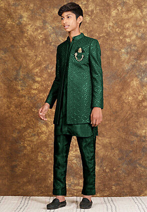 Embroidered Cotton Silk Sherwani in Dark Green
