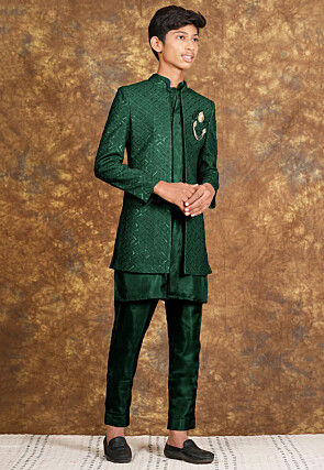 Embroidered Cotton Silk Sherwani in Dark Green