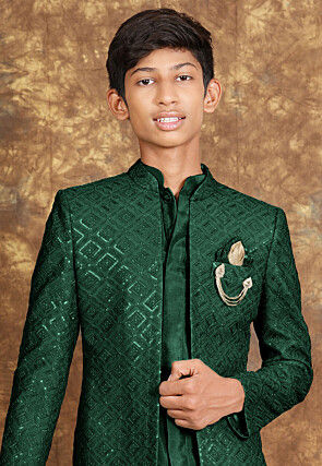 Embroidered Cotton Silk Sherwani in Dark Green