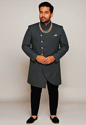 Solid Color Cotton Silk Sherwani in Dark Grey