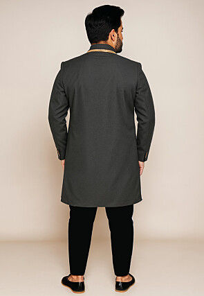 Solid Color Cotton Silk Sherwani in Dark Grey