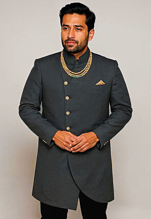 Solid Color Cotton Silk Sherwani in Dark Grey