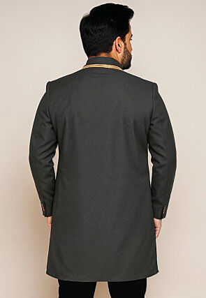 Solid Color Cotton Silk Sherwani in Dark Grey