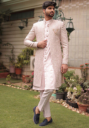Embroidered Cotton Silk Sherwani in Fawn