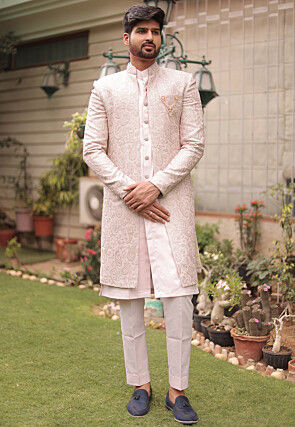 Embroidered Cotton Silk Sherwani in Fawn