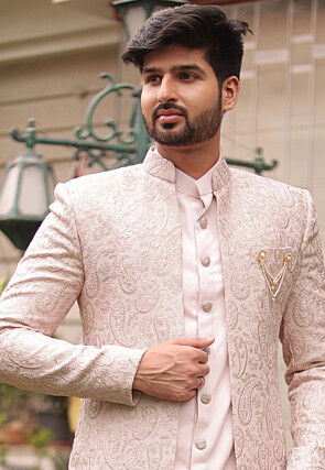 Embroidered Cotton Silk Sherwani in Fawn