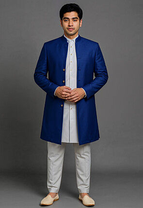 Soild Color Cotton Silk Sherwani in Light Grey